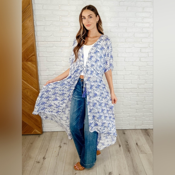 HEYSON Tropical Print Gauze Kimono with Elastic Waist Tie in Periwinkle - 2X - Picture 1 of 8
